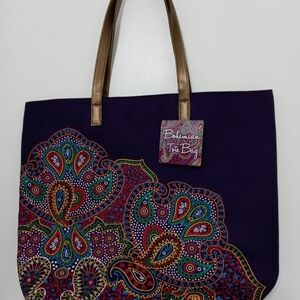 Bohemian Tote Bag Purple And Paisley Design Golden Straps. Burgundy Lining